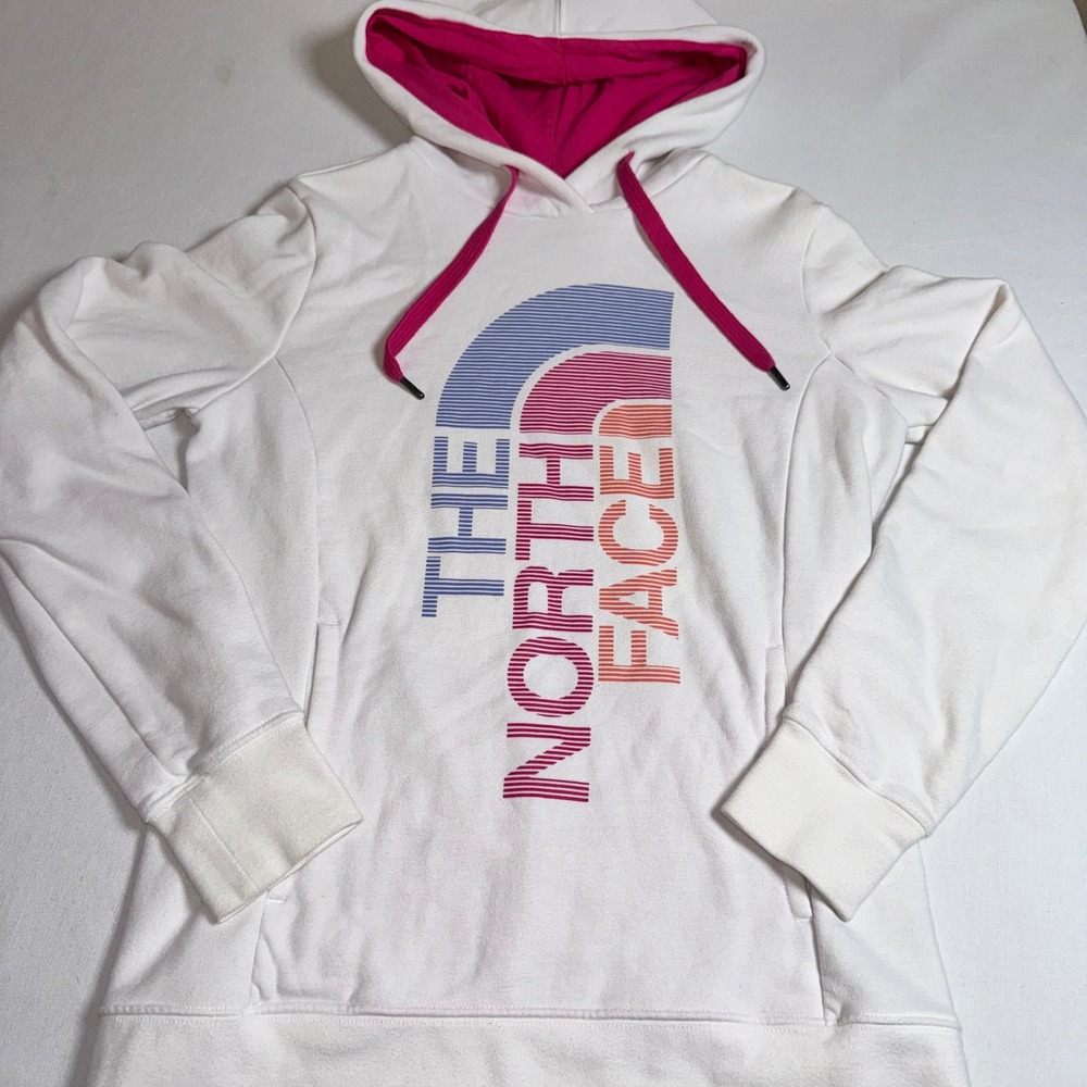 The North Face Womens White Pink Logo Pullover Hoodie Sweatshirt Small